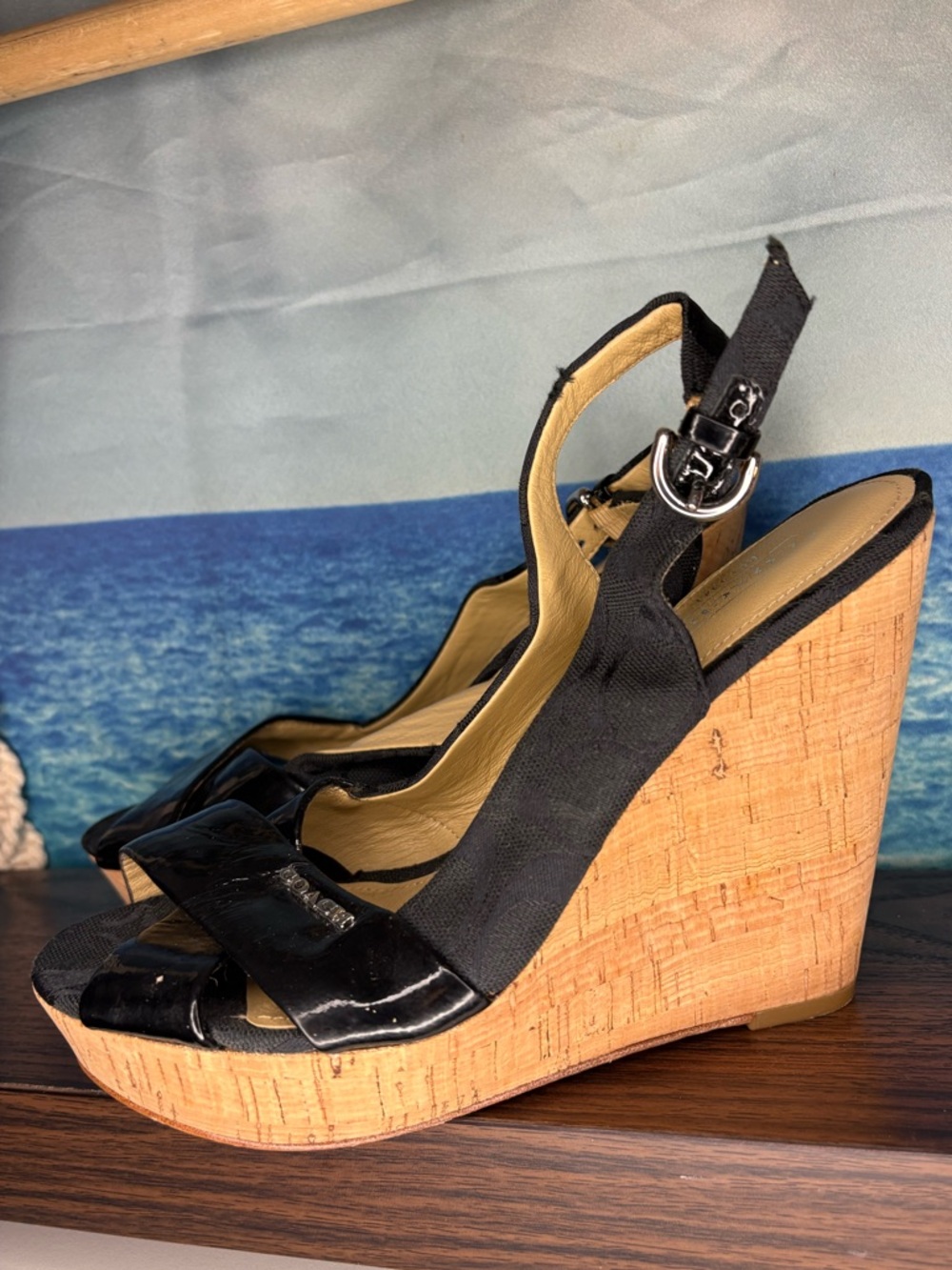Coach “Jessy” Black Cork Wedge Slingback Sandal Heels with Patent Detail